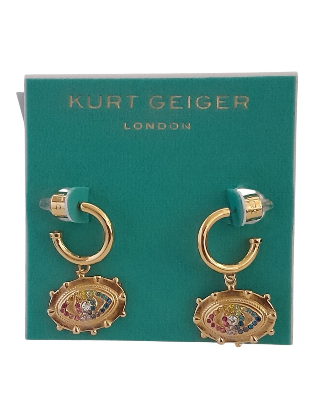 Kurt Geiger London Evil Eye Huggie Drop Earrings Gold Crystal Talisman Hoop
